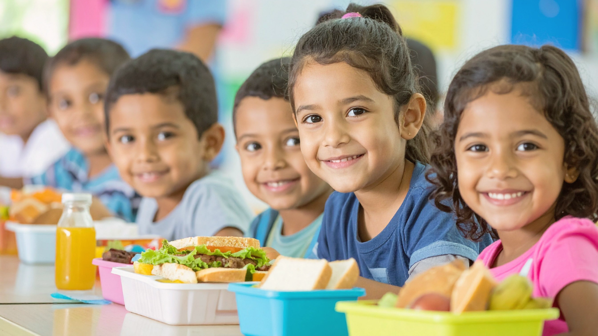 Students enjoying school lunch