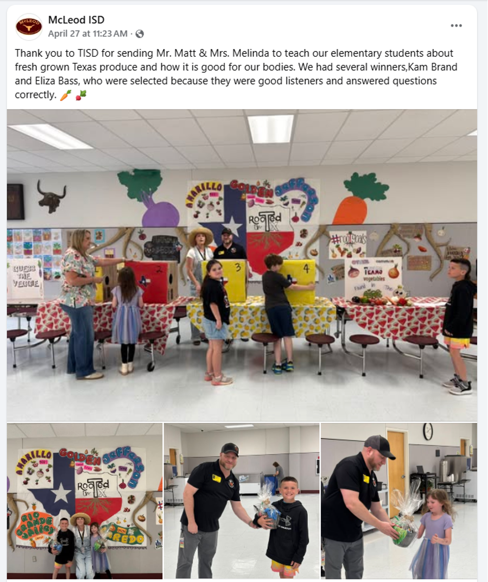 McLeod ISD students participating in Texas Fruit and Vegetable Day activities