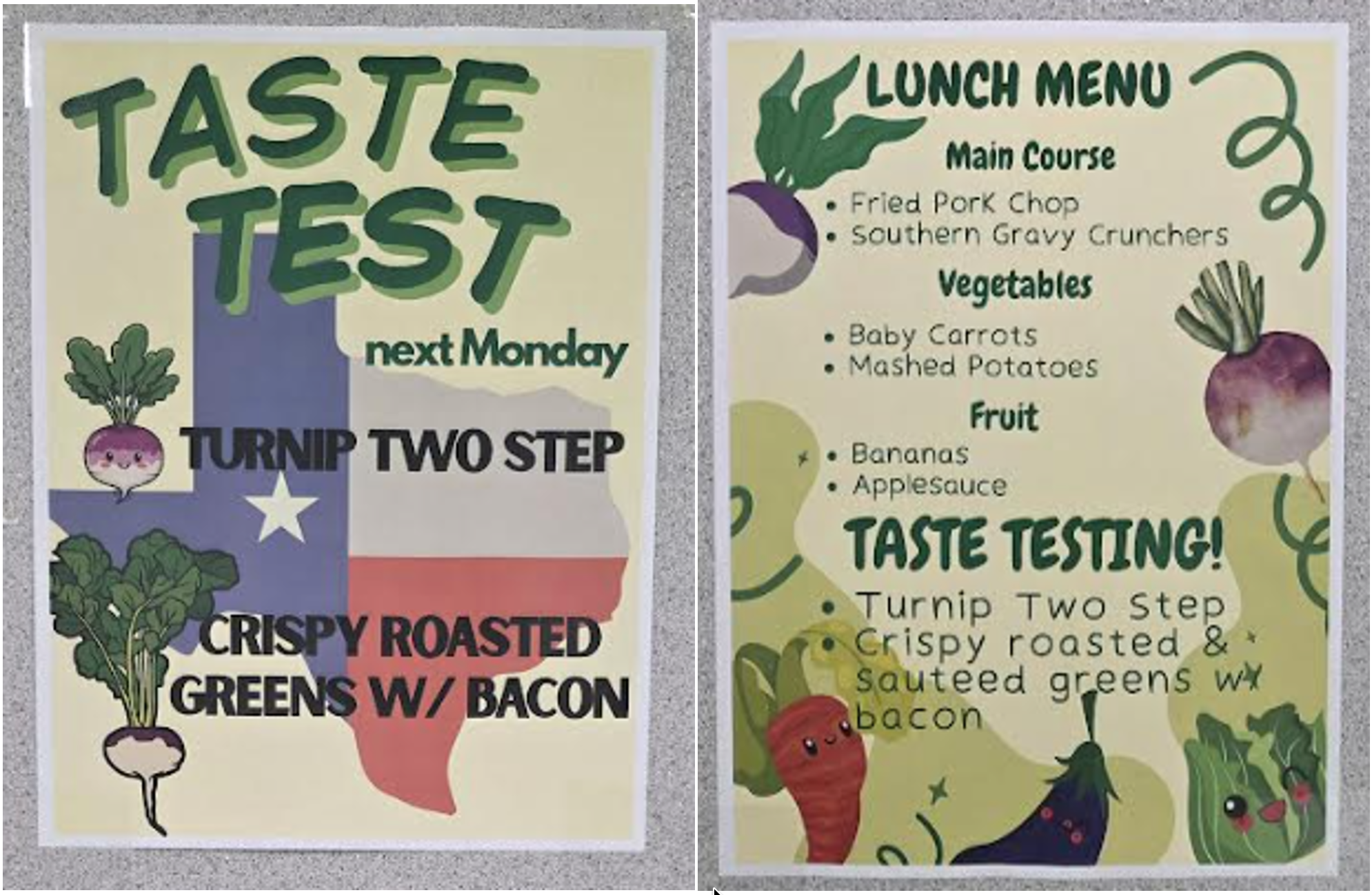 McLeod ISD taste test menu featuring Turnip Two-Step and Crispy Roasted Greens with Bacon