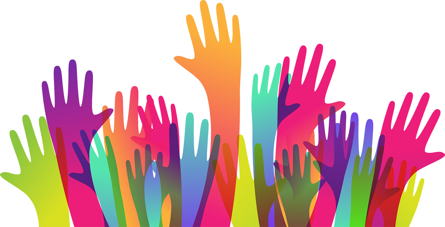 a graphic of many colorful raised hands